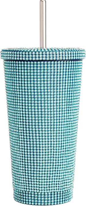 Paris Hilton Diamond Bling Water Tumbler With Lid And Straw, Vacuum Insulated Stainless Steel, Bedazzled With Over 3700 Rhinestones, 16.9-Ounce, Blue