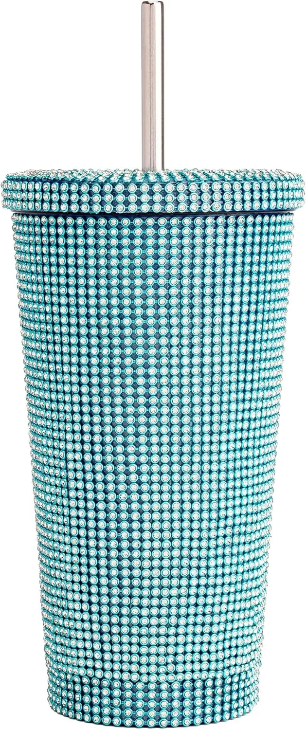 Paris Hilton Diamond Bling Water Tumbler With Lid And Straw, Vacuum Insulated Stainless Steel, Bedazzled With Over 3700 Rhinestones, 16.9-Ounce, Blue