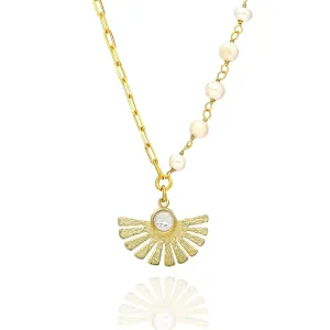 Pearl and Gold Necklace - Sun Feather - 14K Gold and Pearl - Half Sun Pendant statement Necklace for Women - Elegant Gold Chain & Pearl Designer Necklace. Perfect gift for her!