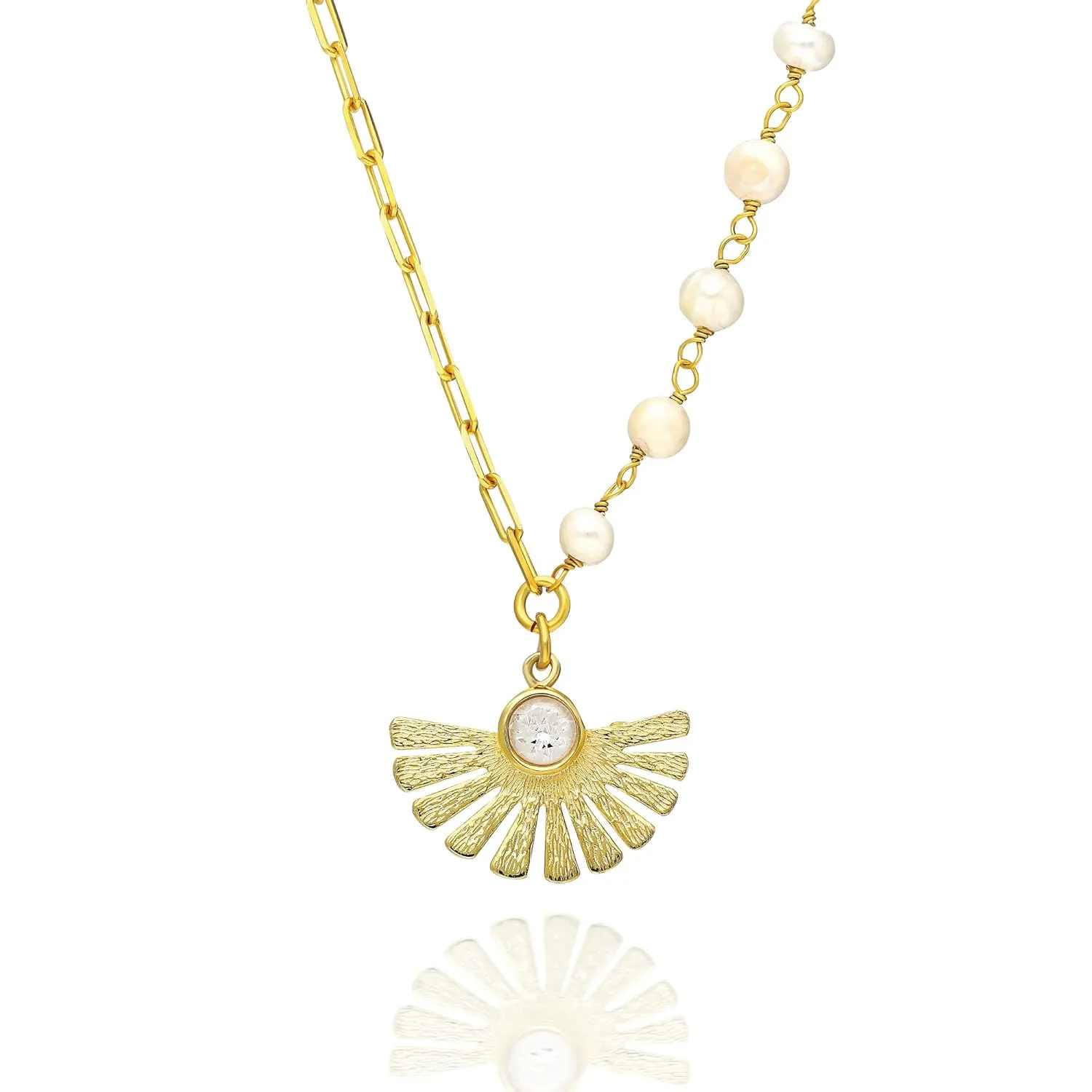 Pearl and Gold Necklace - Sun Feather - 14K Gold and Pearl - Half Sun Pendant statement Necklace for Women - Elegant Gold Chain & Pearl Designer Necklace. Perfect gift for her!
