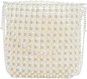 Pearl Bucket Bag with Lining Handmade Weave Women Purses Shoulder Bag Hobo Handbags with 2 Detachable Straps
