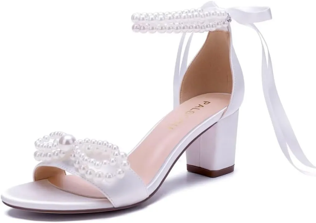 Pearl Heels Wedding Shoes - Block Heel Bridal Sandals with Open Toe and Bow