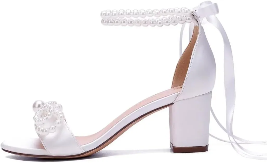 Pearl Heels Wedding Shoes - Block Heel Bridal Sandals with Open Toe and Bow
