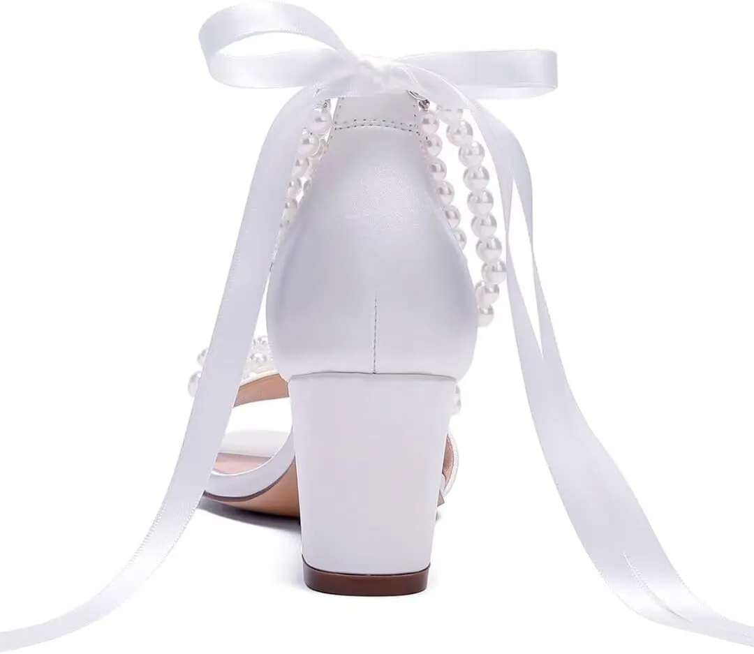 Pearl Heels Wedding Shoes - Block Heel Bridal Sandals with Open Toe and Bow