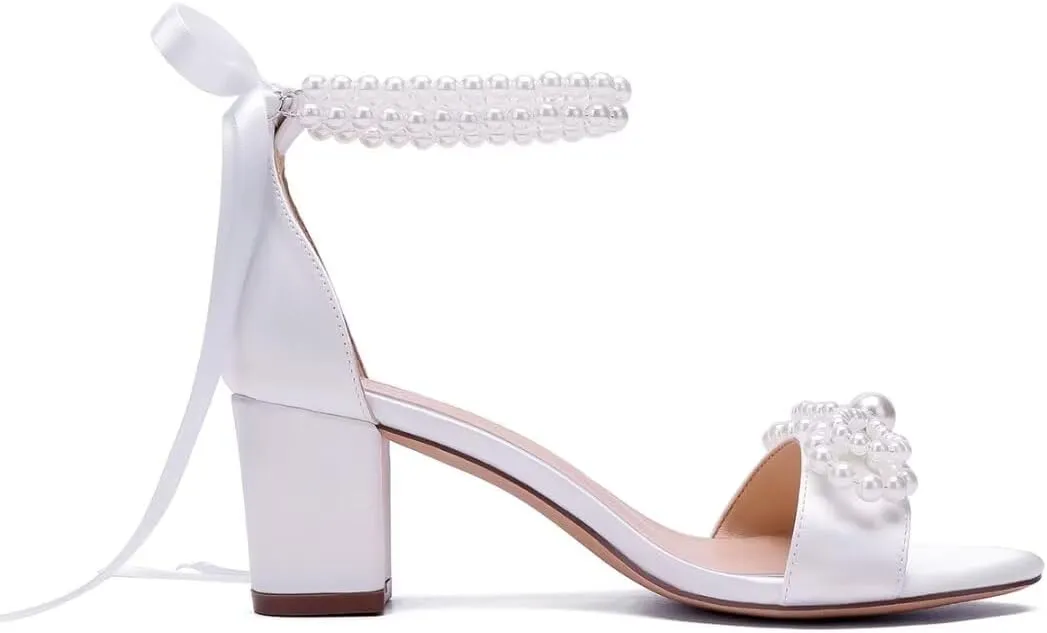 Pearl Heels Wedding Shoes - Block Heel Bridal Sandals with Open Toe and Bow
