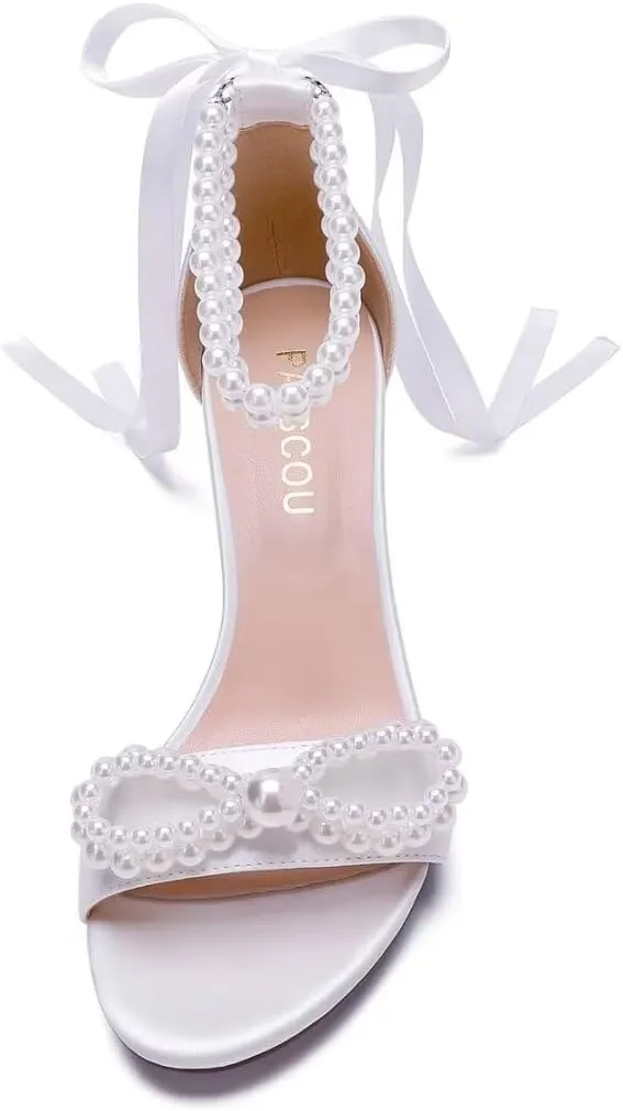 Pearl Heels Wedding Shoes - Block Heel Bridal Sandals with Open Toe and Bow