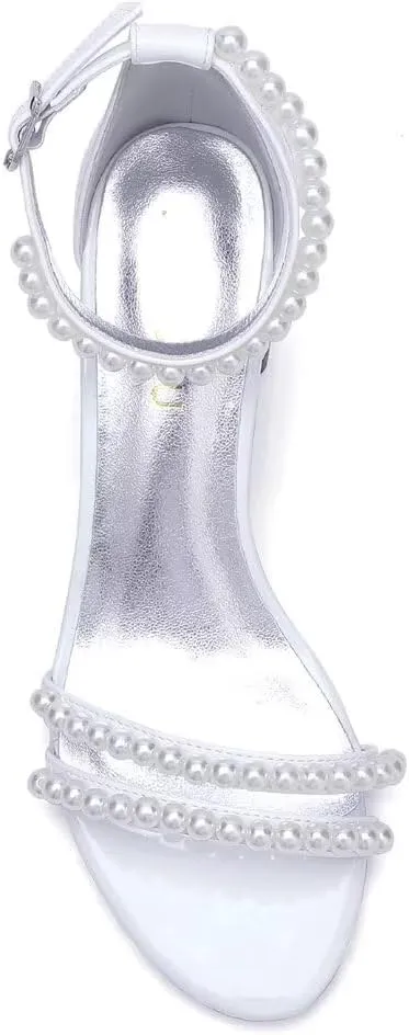 Pearl Heels Wedding Shoes for Bride Open Toe Wedding Sandals Block Heel Bridal Shoes