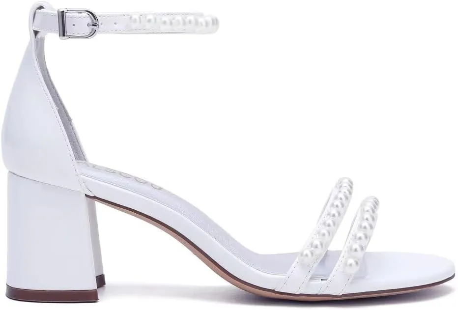 Pearl Heels Wedding Shoes for Bride Open Toe Wedding Sandals Block Heel Bridal Shoes
