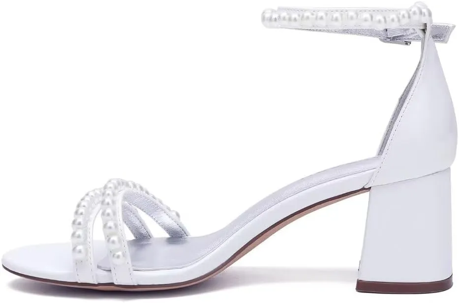 Pearl Heels Wedding Shoes for Bride Open Toe Wedding Sandals Block Heel Bridal Shoes