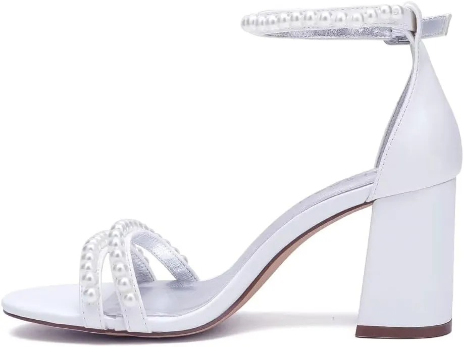 Pearl Heels Wedding Shoes for Bride Open Toe Wedding Sandals Block Heel Bridal Shoes