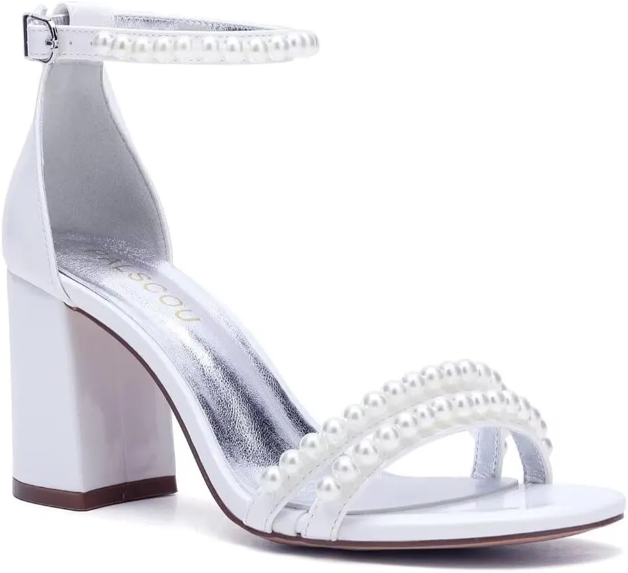 Pearl Heels Wedding Shoes for Bride Open Toe Wedding Sandals Block Heel Bridal Shoes