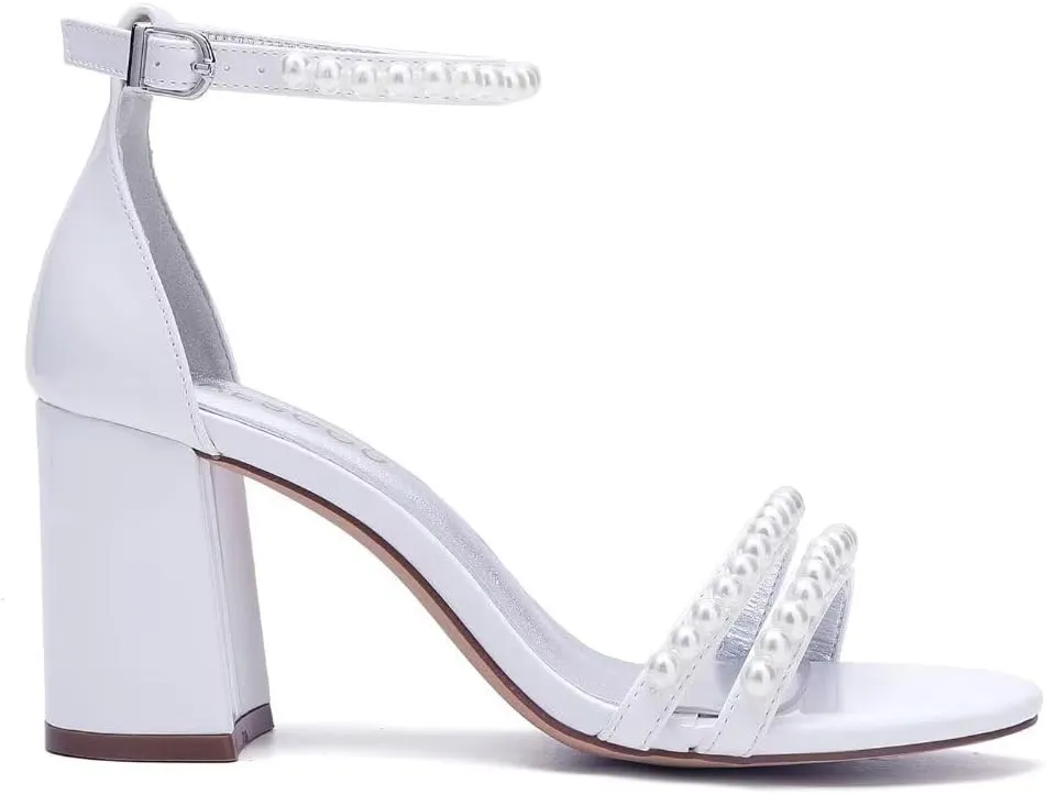 Pearl Heels Wedding Shoes for Bride Open Toe Wedding Sandals Block Heel Bridal Shoes