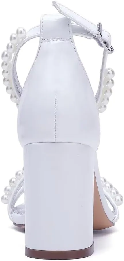 Pearl Heels Wedding Shoes for Bride Open Toe Wedding Sandals Block Heel Bridal Shoes