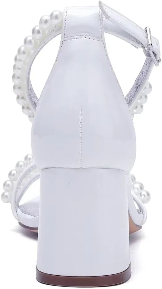 Pearl Heels Wedding Shoes for Bride Open Toe Wedding Sandals Block Heel Bridal Shoes
