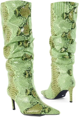 perixir Snakeskin Boots Knee High Boots Women Sexy Stunning and Stylish Exquisite Pointed Toe Fine High Heels Pleated