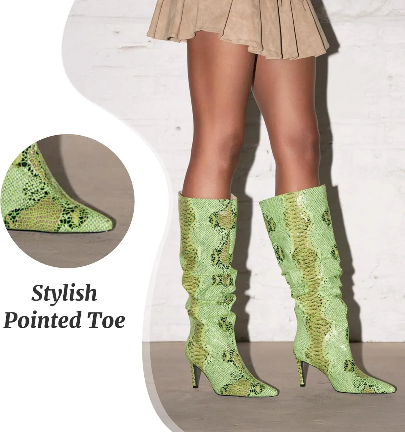 perixir Snakeskin Boots Knee High Boots Women Sexy Stunning and Stylish Exquisite Pointed Toe Fine High Heels Pleated