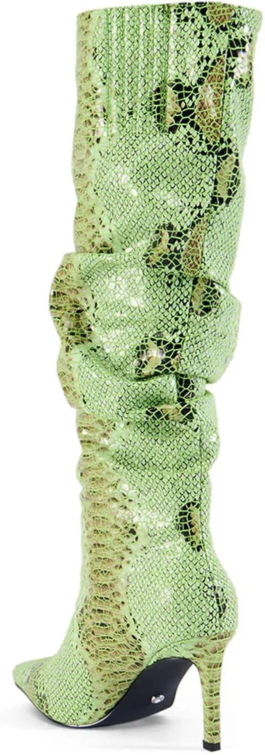 perixir Snakeskin Boots Knee High Boots Women Sexy Stunning and Stylish Exquisite Pointed Toe Fine High Heels Pleated