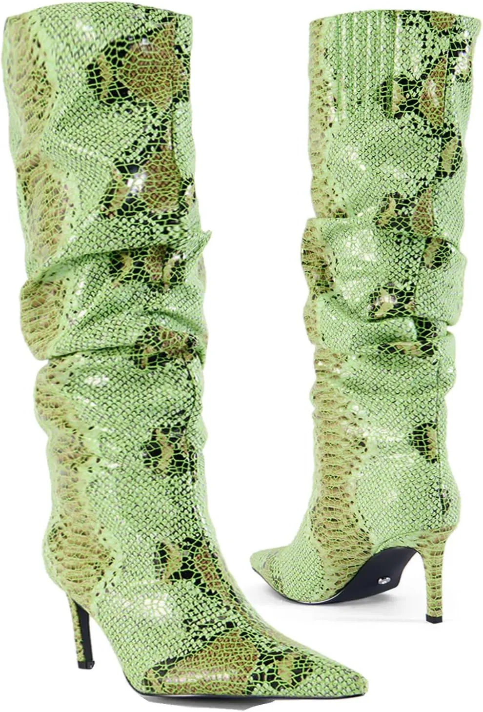 perixir Snakeskin Boots Knee High Boots Women Sexy Stunning and Stylish Exquisite Pointed Toe Fine High Heels Pleated