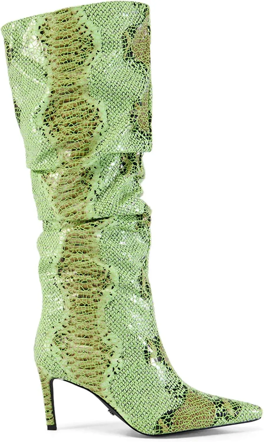 perixir Snakeskin Boots Knee High Boots Women Sexy Stunning and Stylish Exquisite Pointed Toe Fine High Heels Pleated