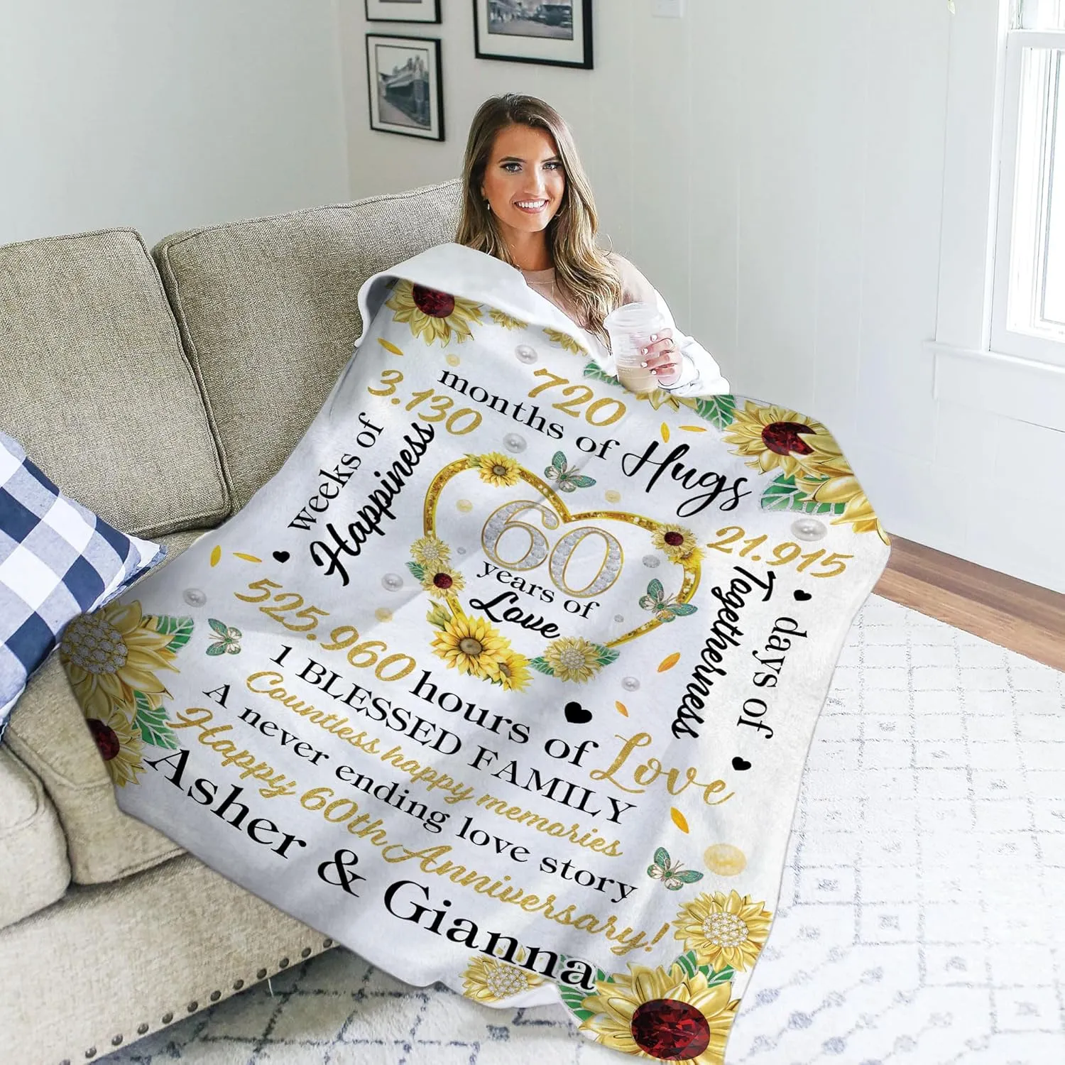 Personalized 60th Wedding Blanket Gifts for Parents, Happy Diamond Wedding Throw Blanket Gift for Couples Him Her, Romantic Marriage Gifts for Wife Husband on Valentine's Day Birthday