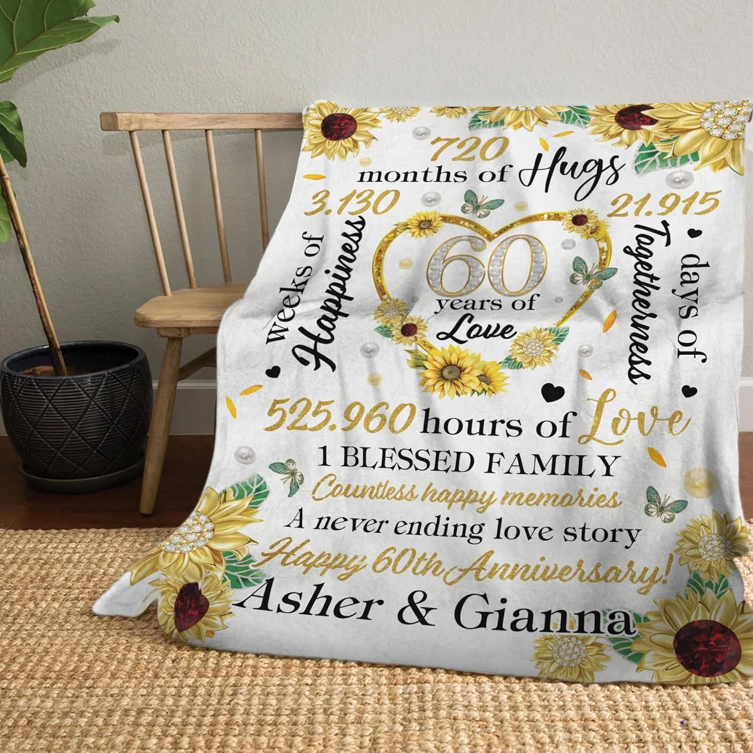 Personalized 60th Wedding Blanket Gifts for Parents, Happy Diamond Wedding Throw Blanket Gift for Couples Him Her, Romantic Marriage Gifts for Wife Husband on Valentine's Day Birthday