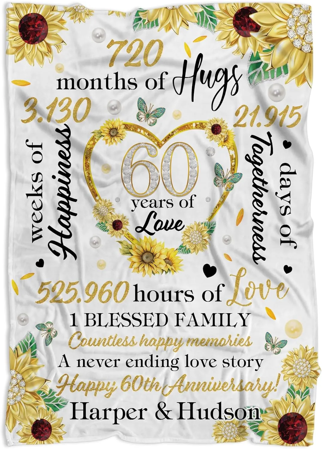 Personalized 60th Wedding Blanket Gifts for Parents, Happy Diamond Wedding Throw Blanket Gift for Couples Him Her, Romantic Marriage Gifts for Wife Husband on Valentine's Day Birthday
