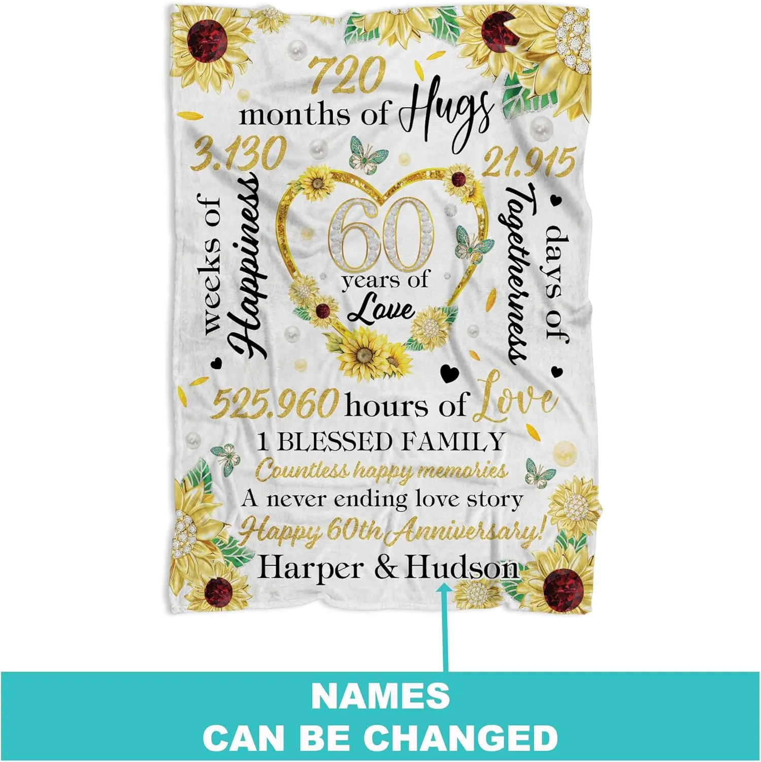 Personalized 60th Wedding Blanket Gifts for Parents, Happy Diamond Wedding Throw Blanket Gift for Couples Him Her, Romantic Marriage Gifts for Wife Husband on Valentine's Day Birthday