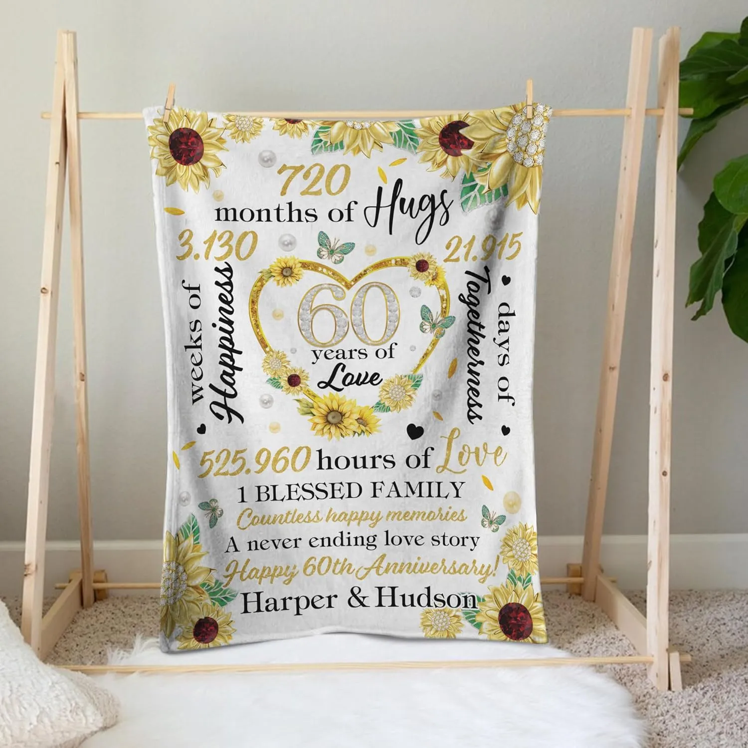 Personalized 60th Wedding Blanket Gifts for Parents, Happy Diamond Wedding Throw Blanket Gift for Couples Him Her, Romantic Marriage Gifts for Wife Husband on Valentine's Day Birthday