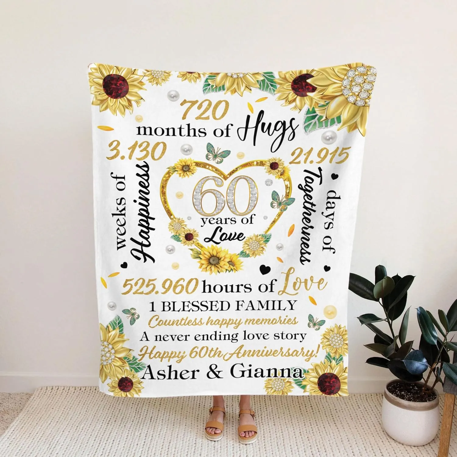 Personalized 60th Wedding Blanket Gifts for Parents, Happy Diamond Wedding Throw Blanket Gift for Couples Him Her, Romantic Marriage Gifts for Wife Husband on Valentine's Day Birthday