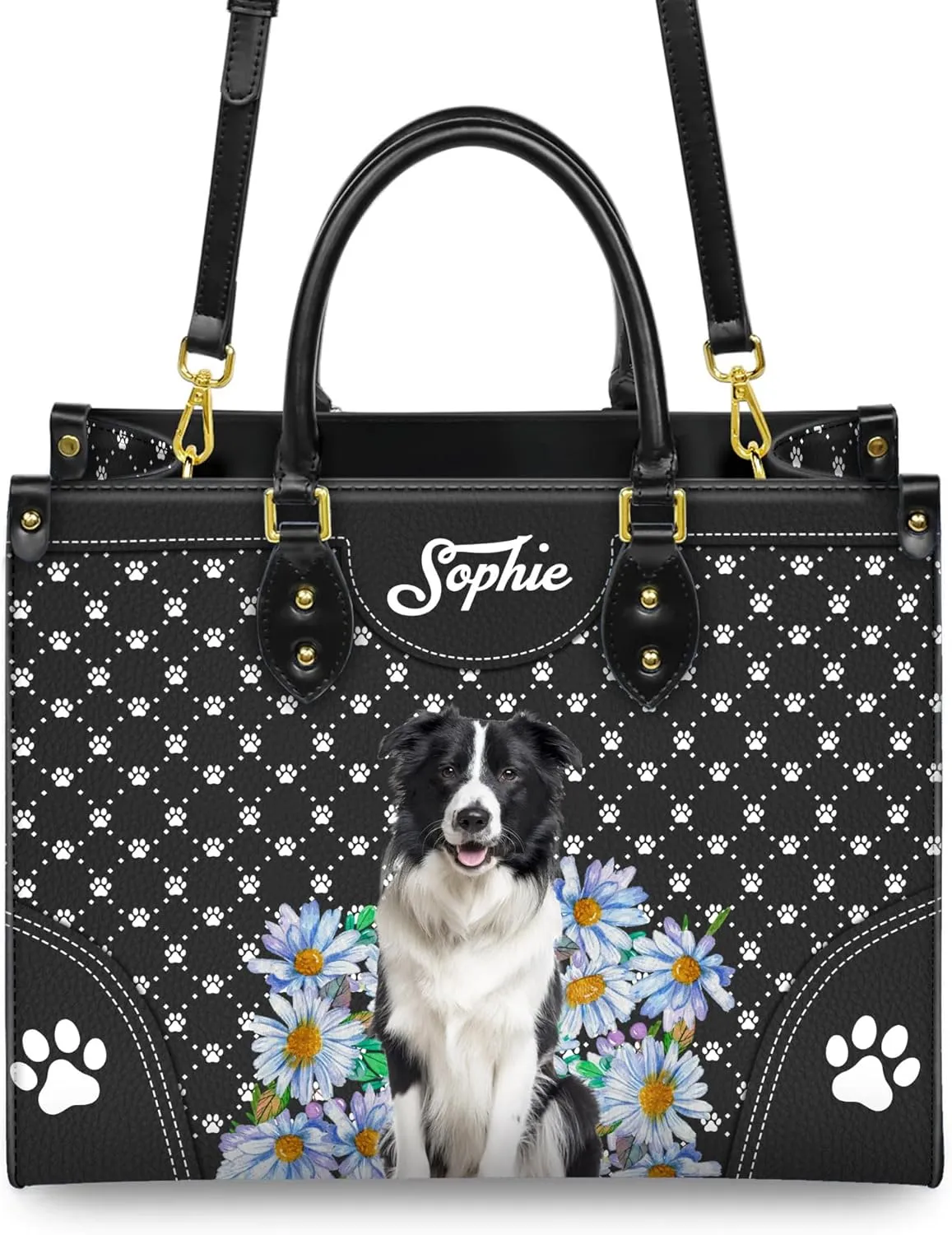 Personalized Border Collie Dog Handbags, Custom Name Dog Leather Bags, Purses, Shoulder Bag, Gift For Dog Mom Dog Lover