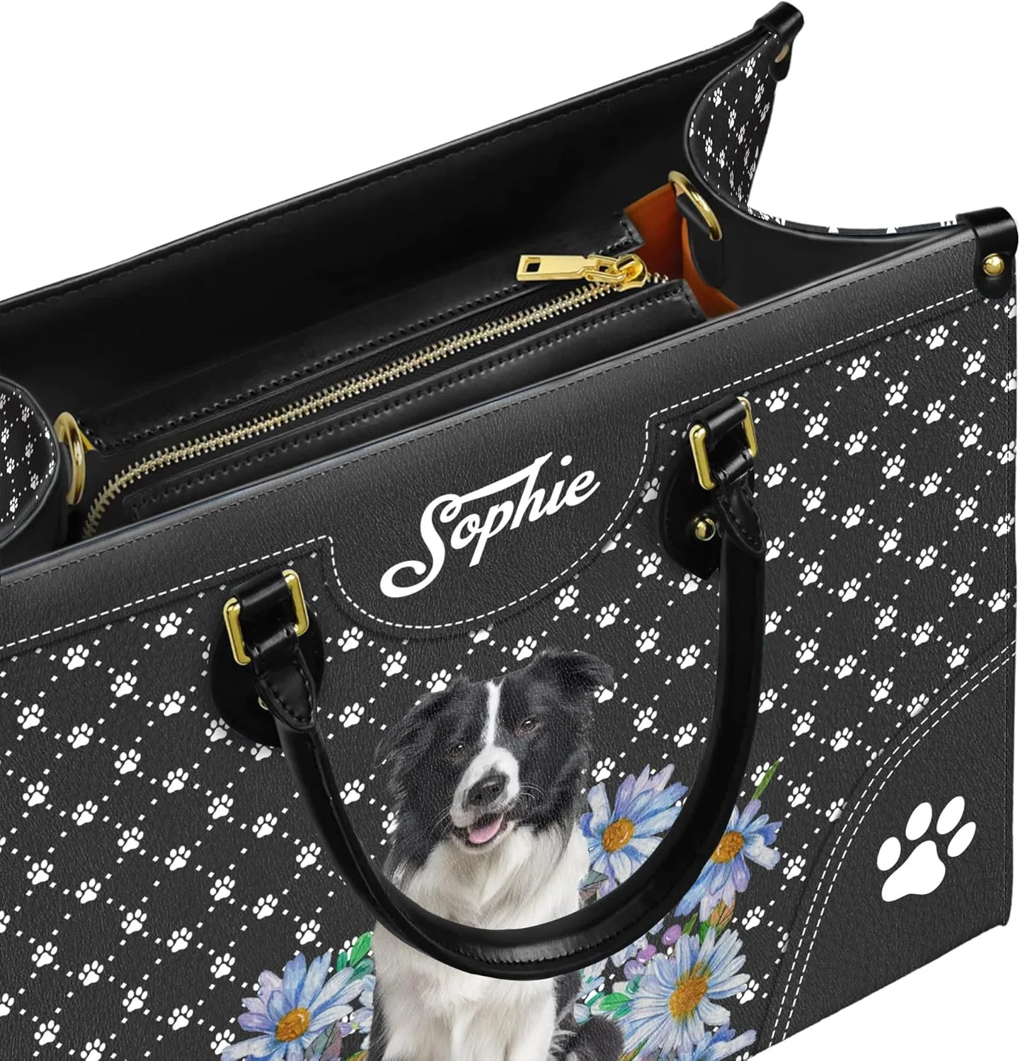 Personalized Border Collie Dog Handbags, Custom Name Dog Leather Bags, Purses, Shoulder Bag, Gift For Dog Mom Dog Lover
