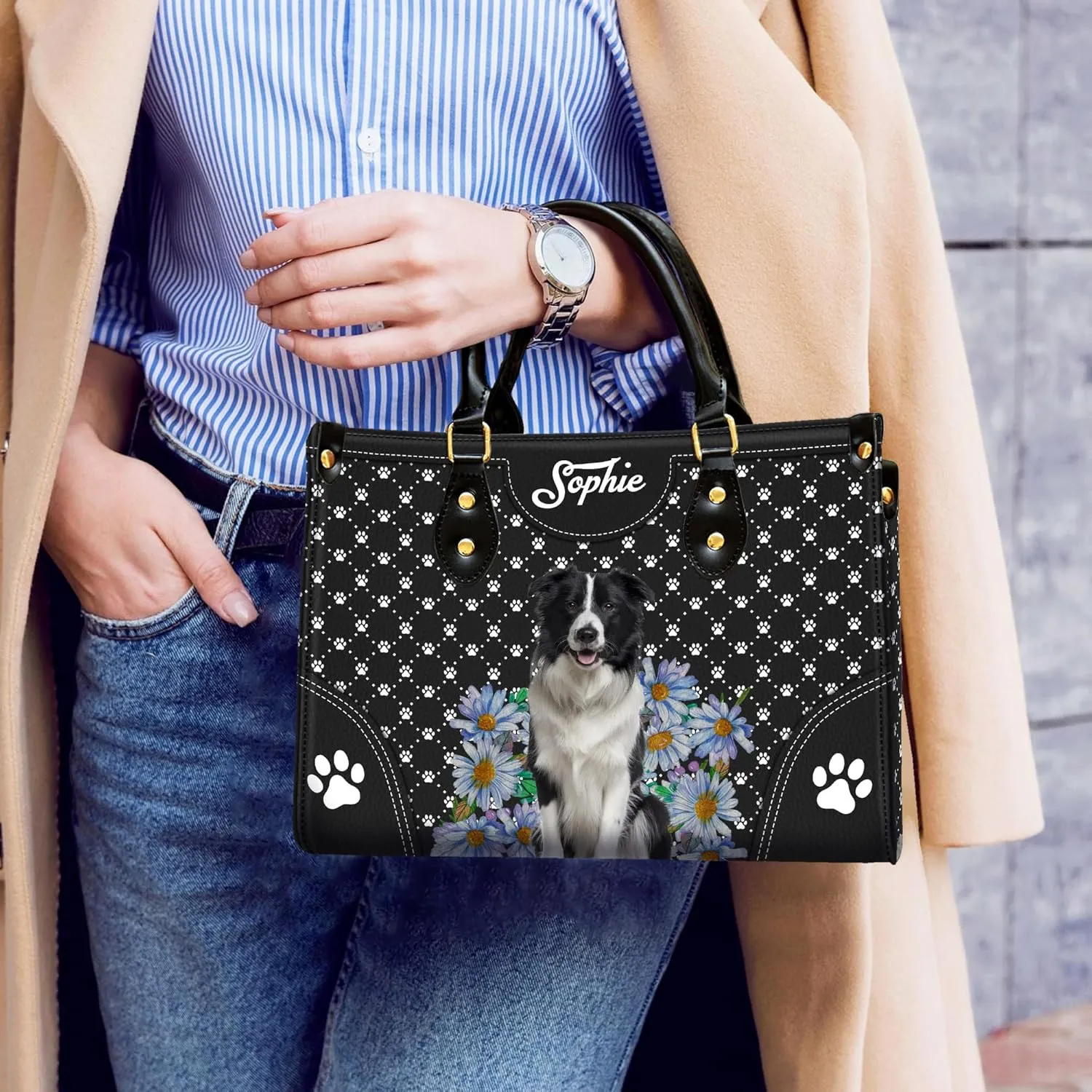 Personalized Border Collie Dog Handbags, Custom Name Dog Leather Bags, Purses, Shoulder Bag, Gift For Dog Mom Dog Lover