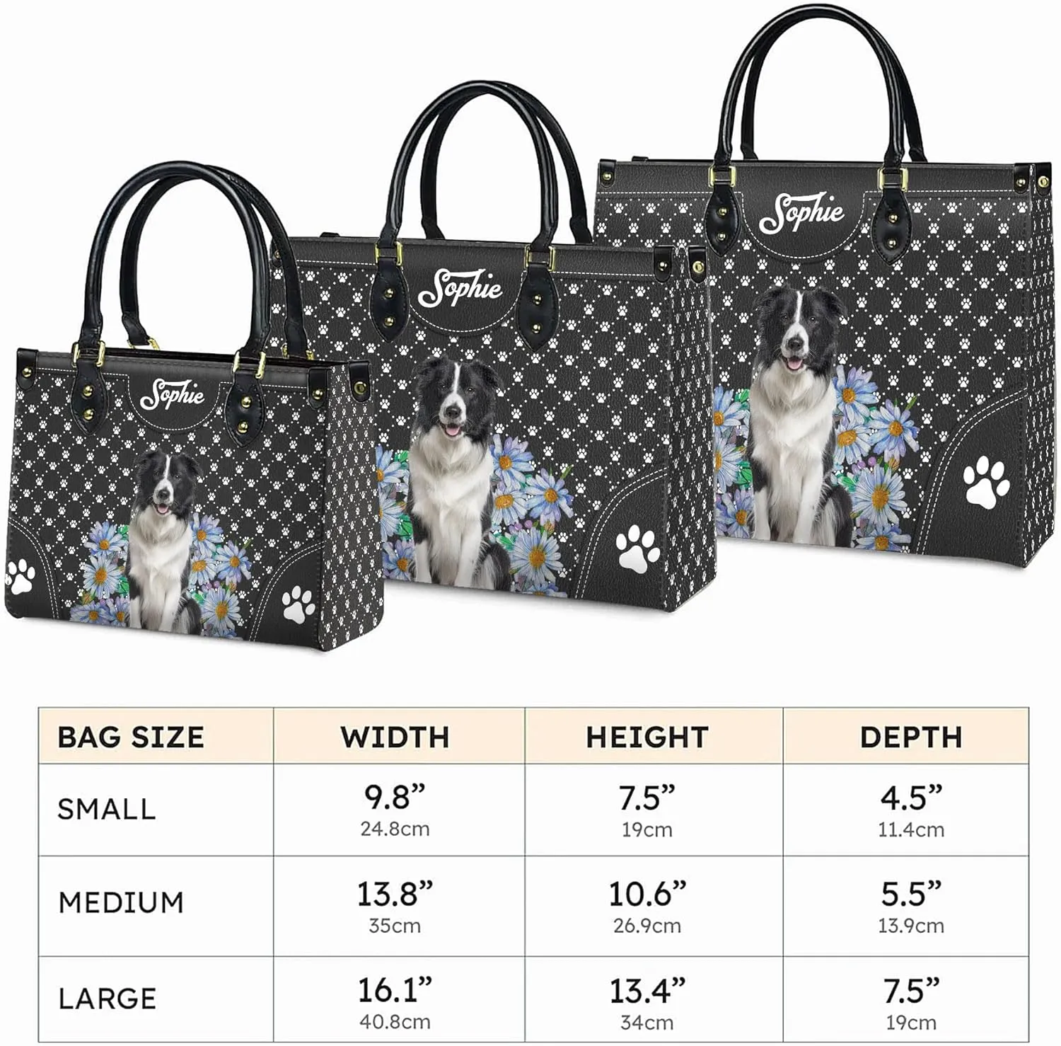 Personalized Border Collie Dog Handbags, Custom Name Dog Leather Bags, Purses, Shoulder Bag, Gift For Dog Mom Dog Lover