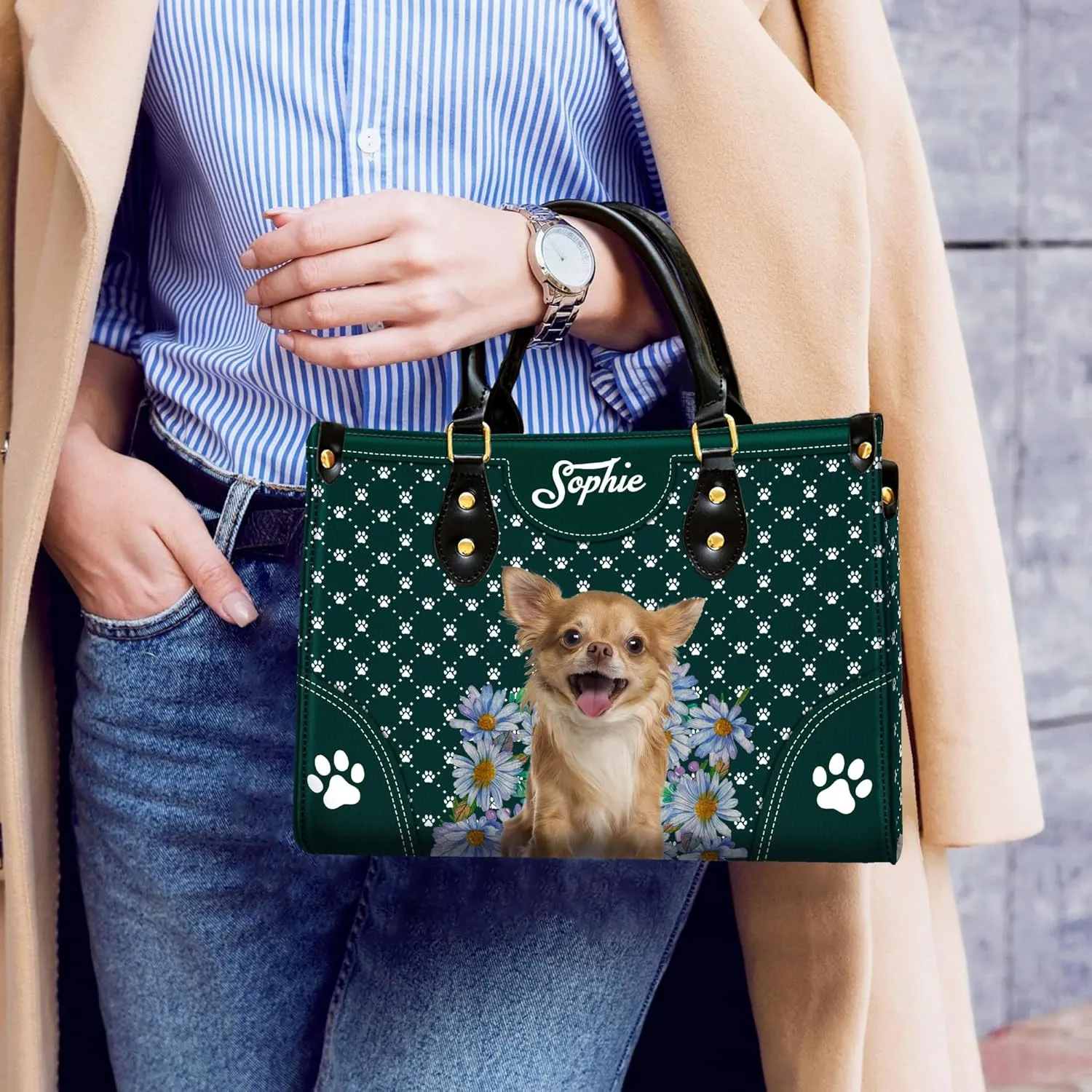 Personalized Chihuahua Dog Handbags, Custom Name Dog Leather Bags, Purses, Shoulder Bag, Gift For Dog Mom Dog Lover