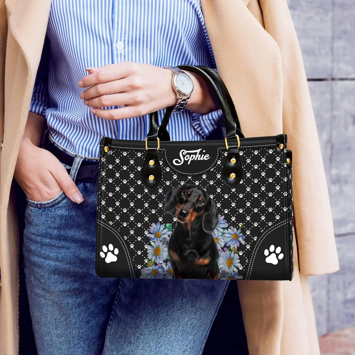 Personalized Dachshund Dog Handbags, Custom Name Dog Leather Bags, Purses, Shoulder Bag, Gift For Dog Mom Dog Lover