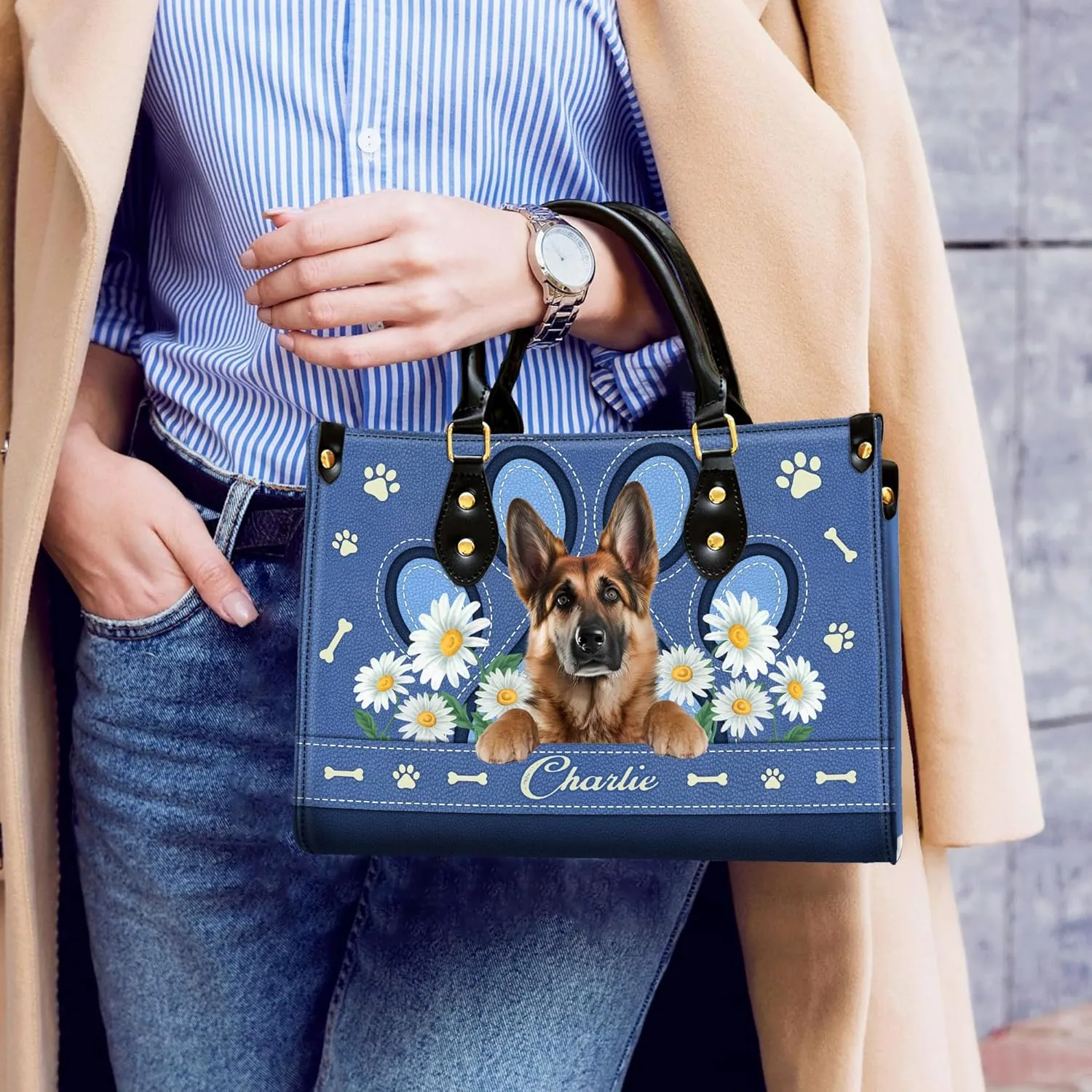 Personalized German Shepherd Dog Handbags, Custom Name Dog Leather Bags, Purses, Shoulder Bag, Gift For Dog Mom Dog Lover
