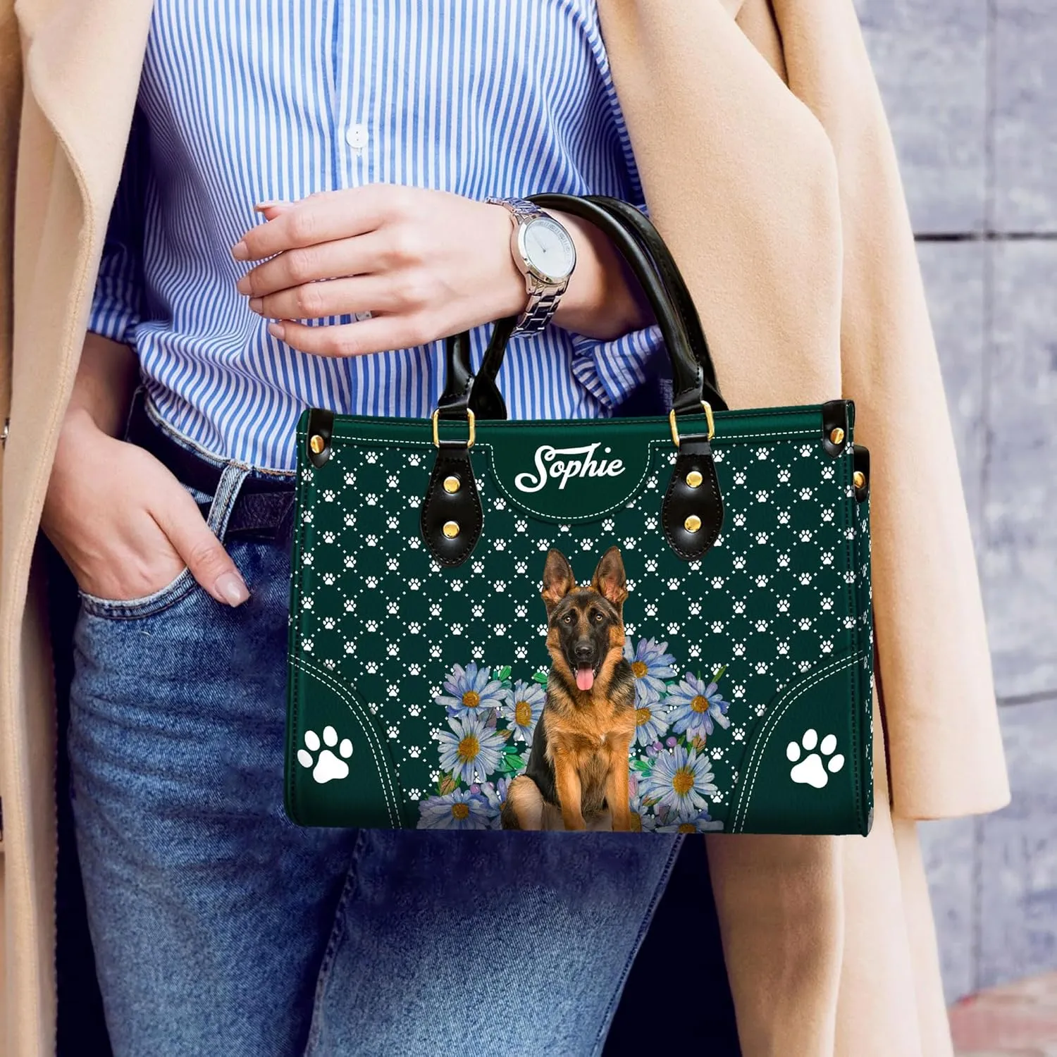 Personalized German Shepherd Dog Handbags, Custom Name Dog Leather Bags, Purses, Shoulder Bag, Gift For Dog Mom Dog Lover