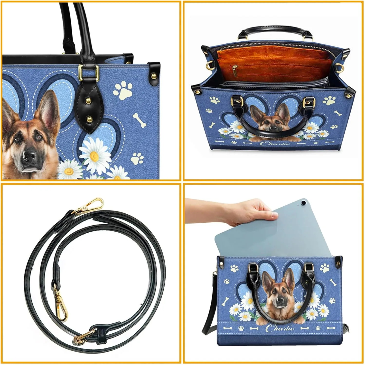 Personalized German Shepherd Dog Handbags, Custom Name Dog Leather Bags, Purses, Shoulder Bag, Gift For Dog Mom Dog Lover