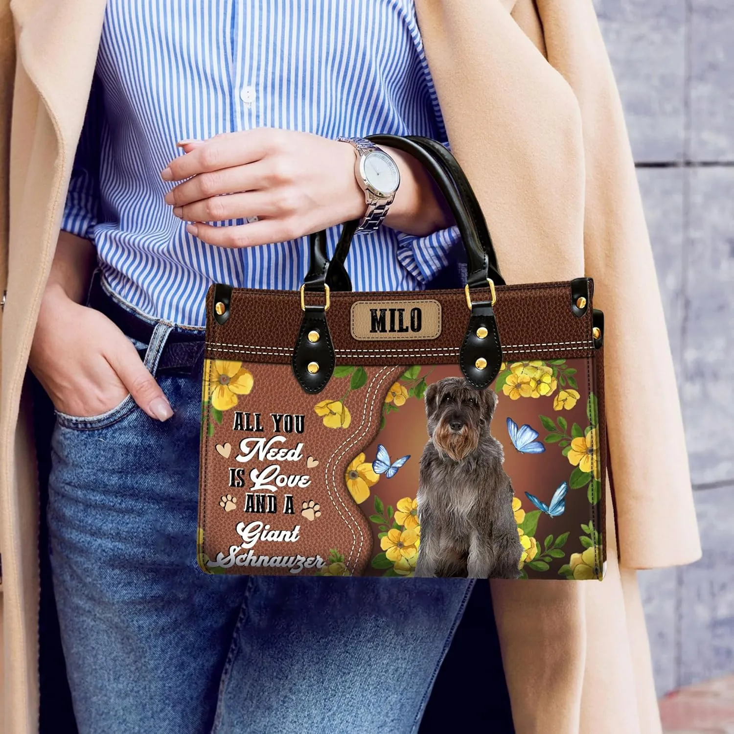 Personalized Giant Schnauzer Dog Handbags, Custom Name Dog Leather Bags, Purses, Shoulder Bag, Gift For Dog Mom Dog Lover