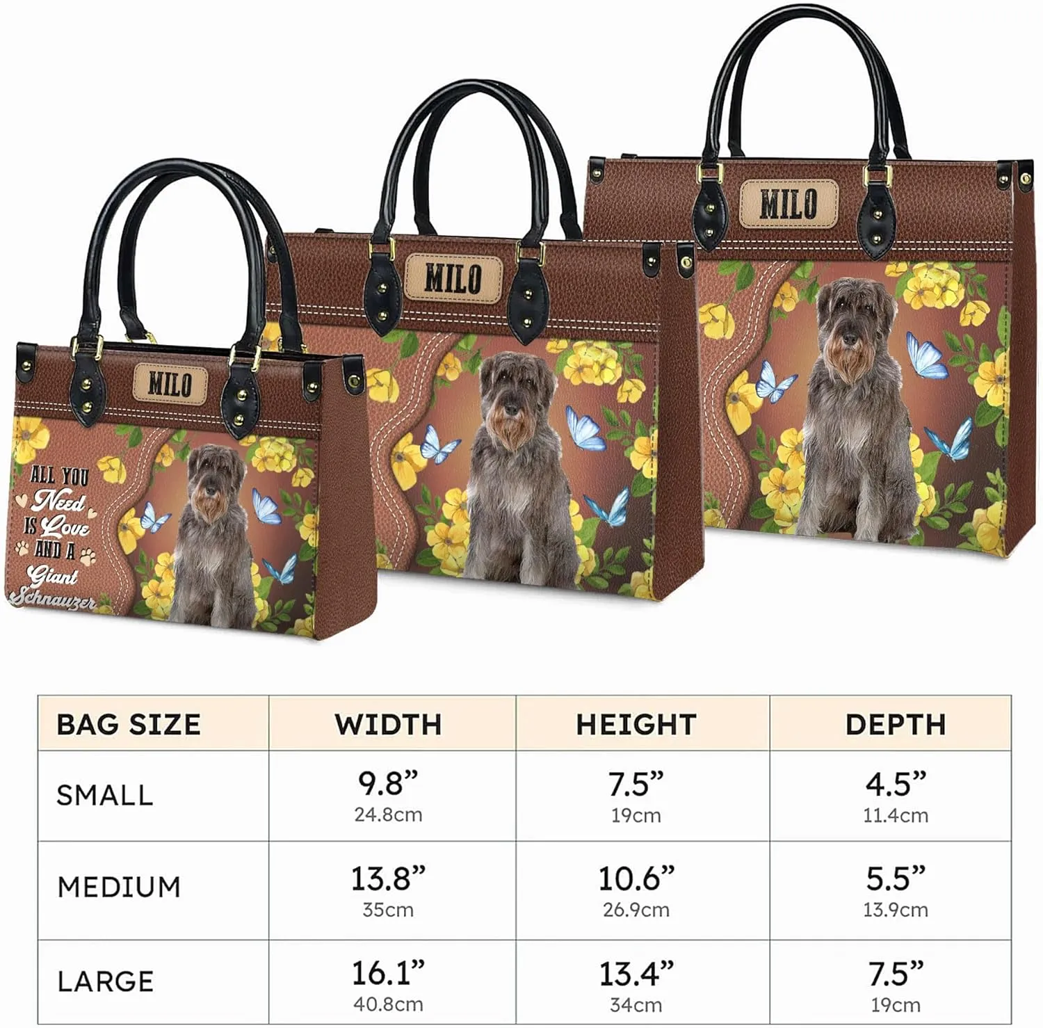 Personalized Giant Schnauzer Dog Handbags, Custom Name Dog Leather Bags, Purses, Shoulder Bag, Gift For Dog Mom Dog Lover