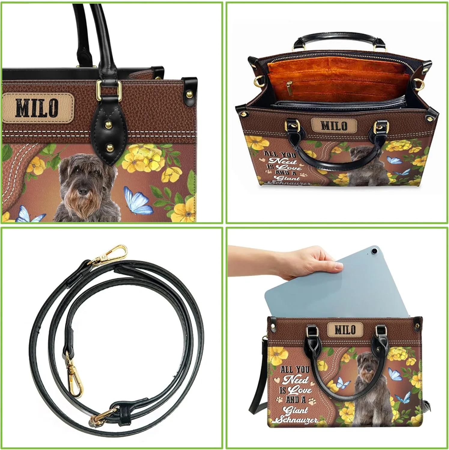 Personalized Giant Schnauzer Dog Handbags, Custom Name Dog Leather Bags, Purses, Shoulder Bag, Gift For Dog Mom Dog Lover