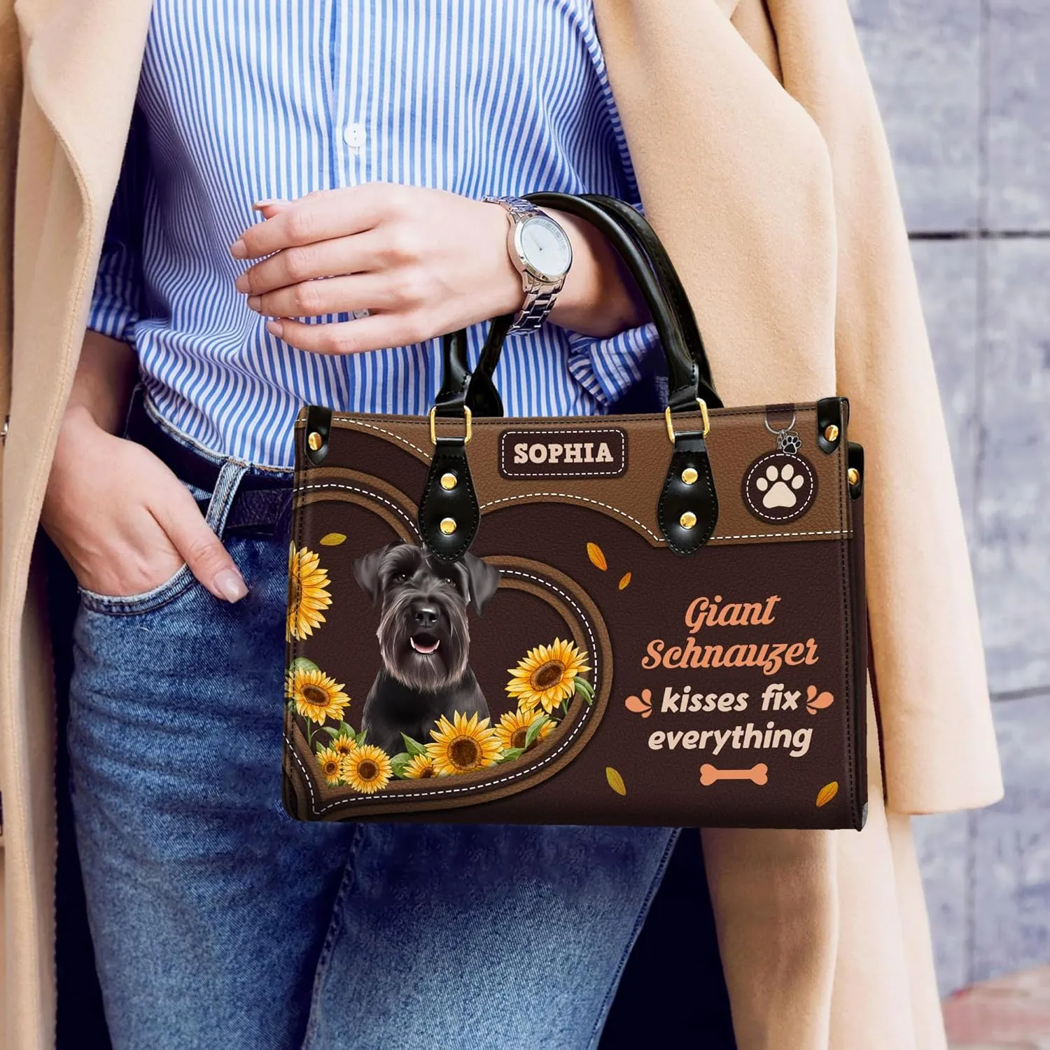 Personalized Giant Schnauzer Dog Handbags, Custom Name Dog Leather Bags, Purses, Shoulder Bag, Gift For Dog Mom Dog Lover