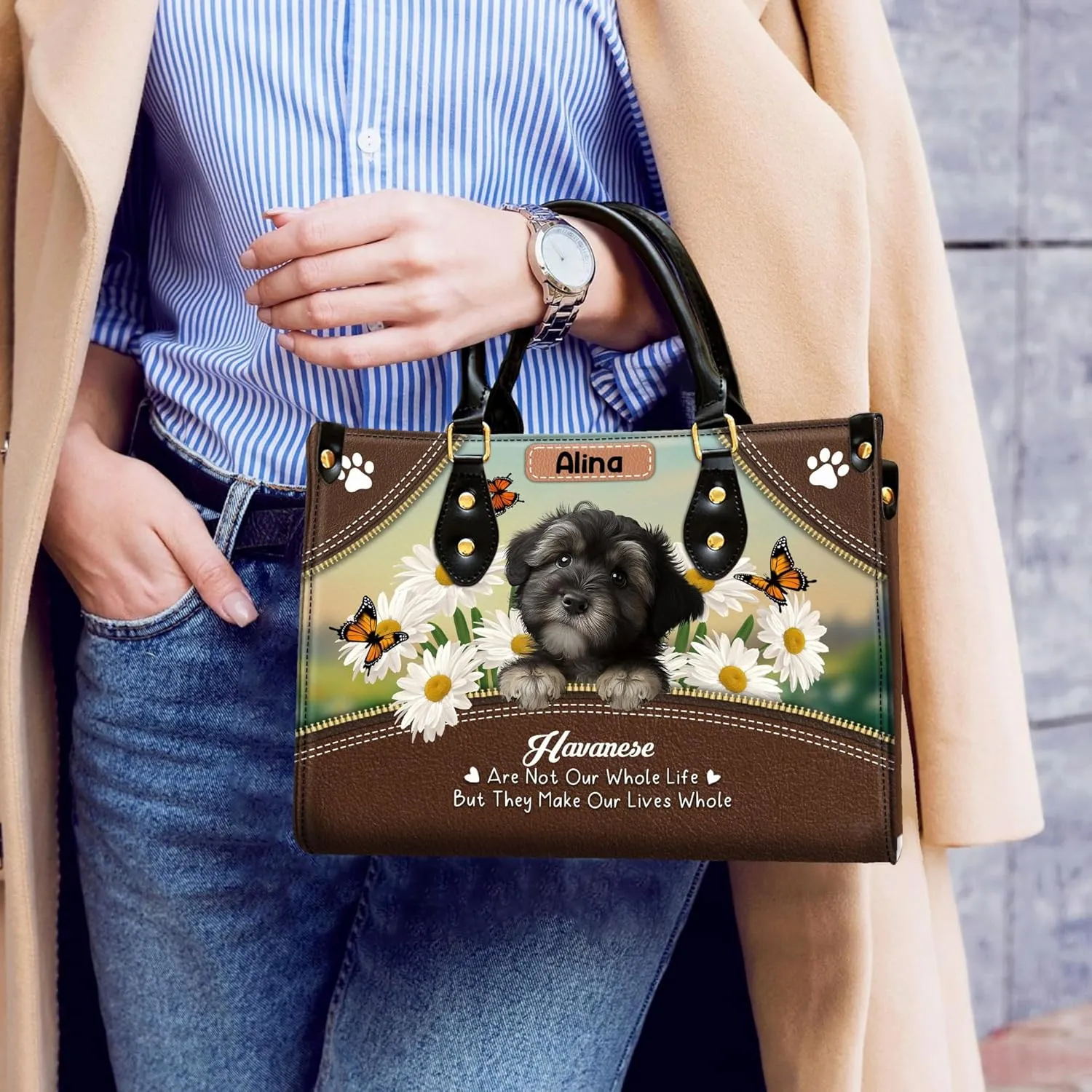 Personalized Havanese Dog Handbags, Custom Name Dog Leather Bags, Purses, Shoulder Bag, Gift For Dog Mom Dog Lover