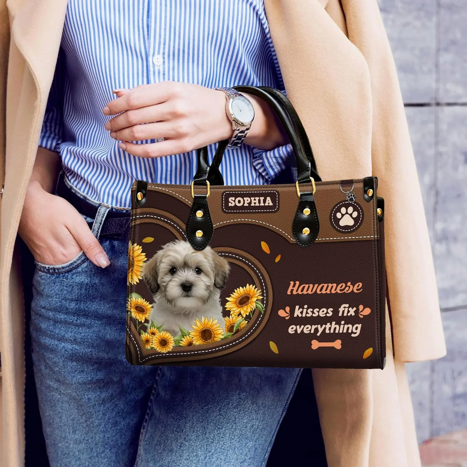 Personalized Havanese Dog Handbags, Custom Name Dog Leather Bags, Purses, Shoulder Bag, Gift For Dog Mom Dog Lover