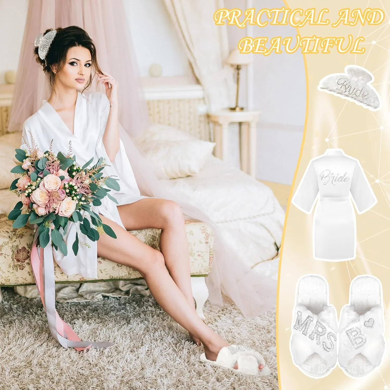 Personalized Initial Wedding Bride Slippers, Bride to Be Gifts, Bridal Shower Gifts, Wedding Bride Robe Hair Clip