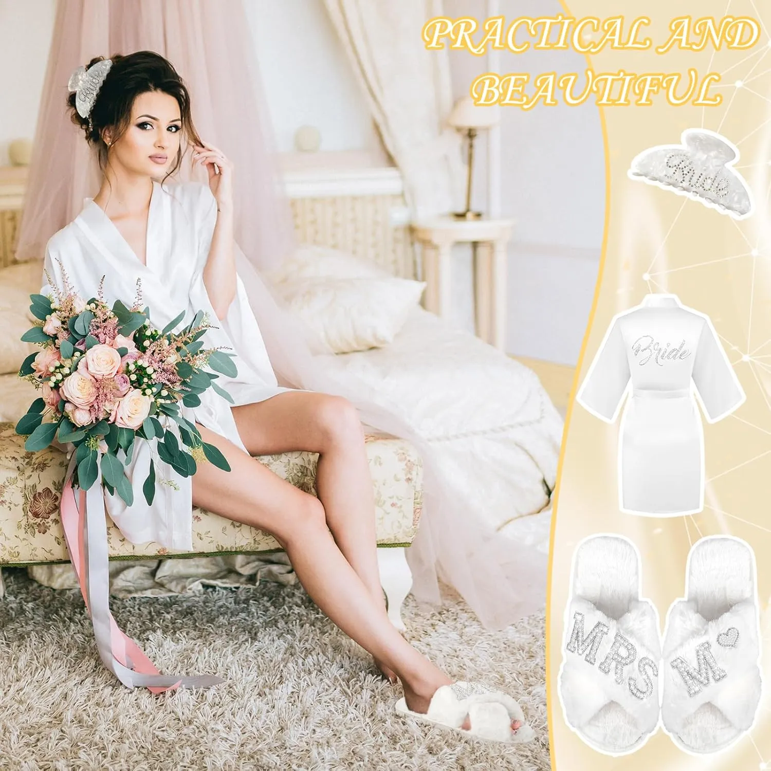 Personalized Initial Wedding Bride Slippers, Bride to Be Gifts, Bridal Shower Gifts, Wedding Bride Robe Hair Clip