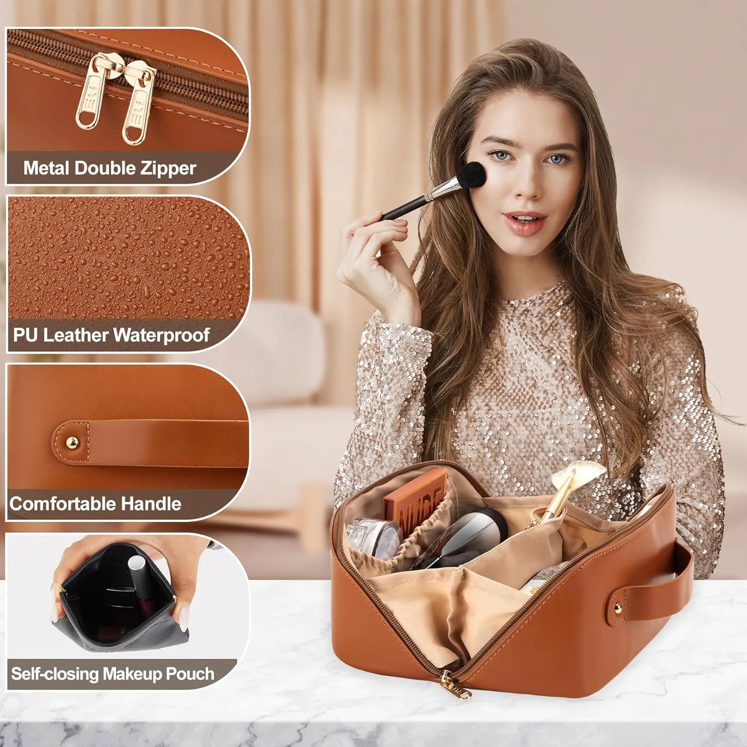 Personalized Makeup Bag - 2 Pcs Cosmetic Bags Set,Double Metal Zipper Makeup Organizer,Toiletry Bag with Divider & Handle,Travel Essentials