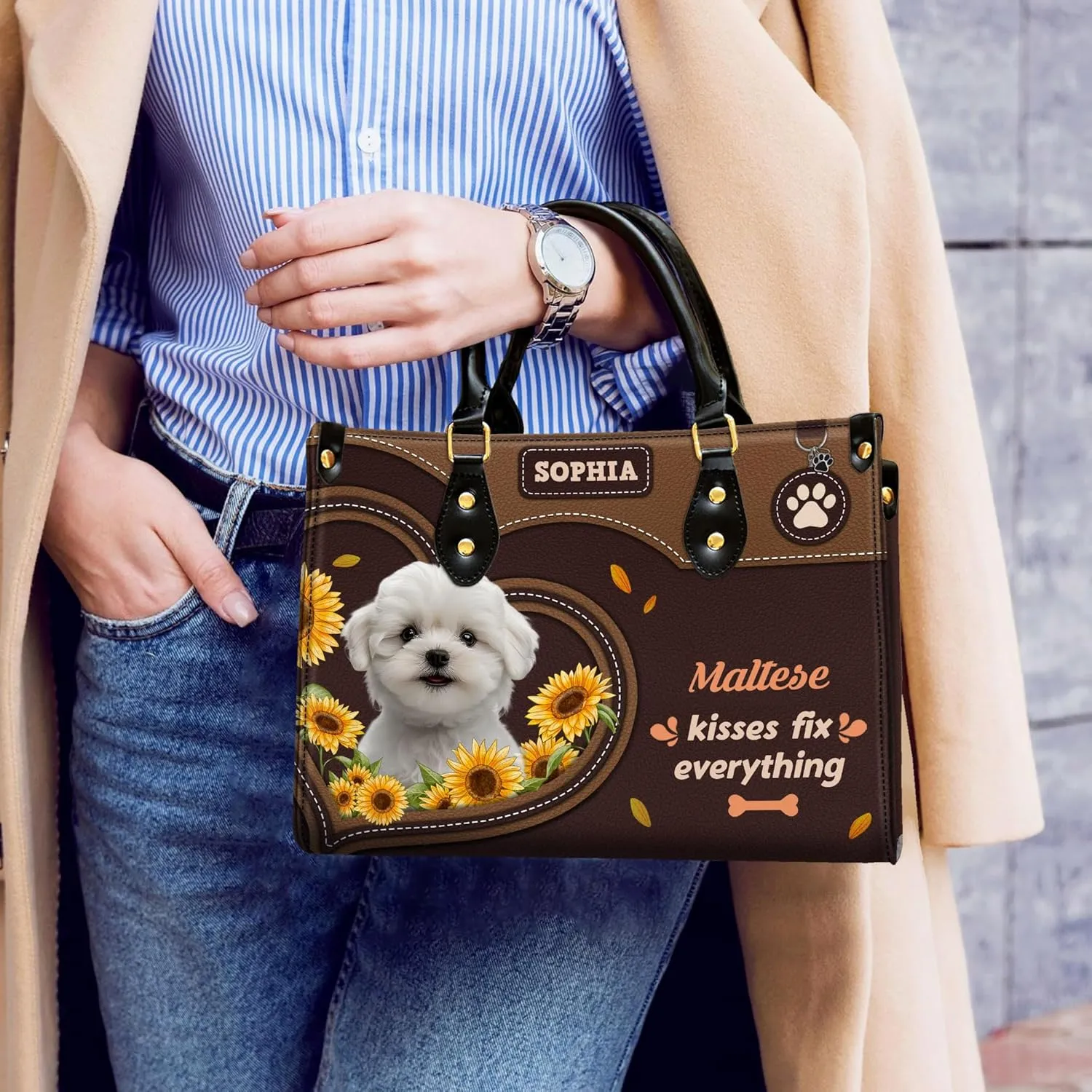 Personalized Maltese Dog Handbags, Custom Name Dog Leather Bags, Purses, Shoulder Bag, Gift For Dog Mom Dog Lover