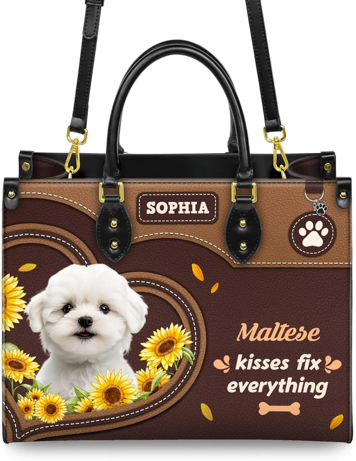 Personalized Maltese Dog Handbags, Custom Name Dog Leather Bags, Purses, Shoulder Bag, Gift For Dog Mom Dog Lover