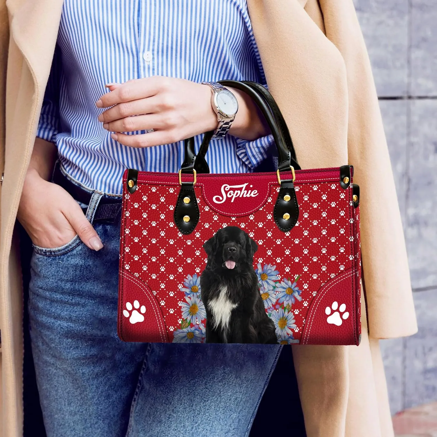Personalized Newfoundland Dog Handbags, Custom Name Dog Leather Bags, Purses, Shoulder Bag, Gift For Dog Mom Dog Lover